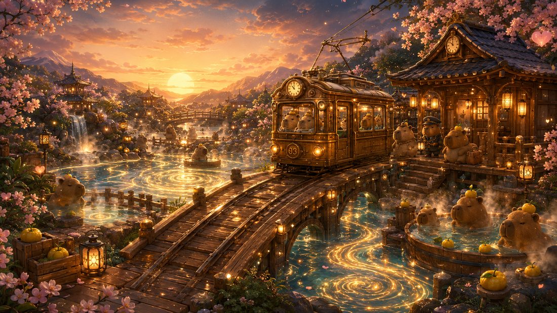The time-travel streetcar arriving at the riverside onsen station