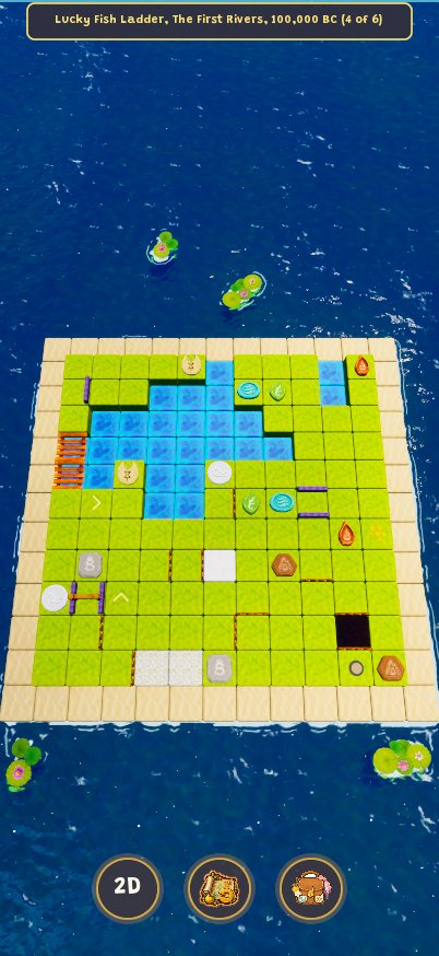 Lucky Fish Ladder, stage 4: a floating island of cubes with warm-water channels drawn between the springs
