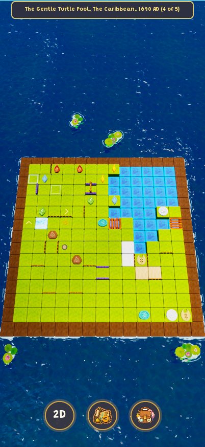 The Gentle Turtle Pool, the Caribbean 1690, stage 4: a floating island of grass cubes with warm-water channels drawn between the springs