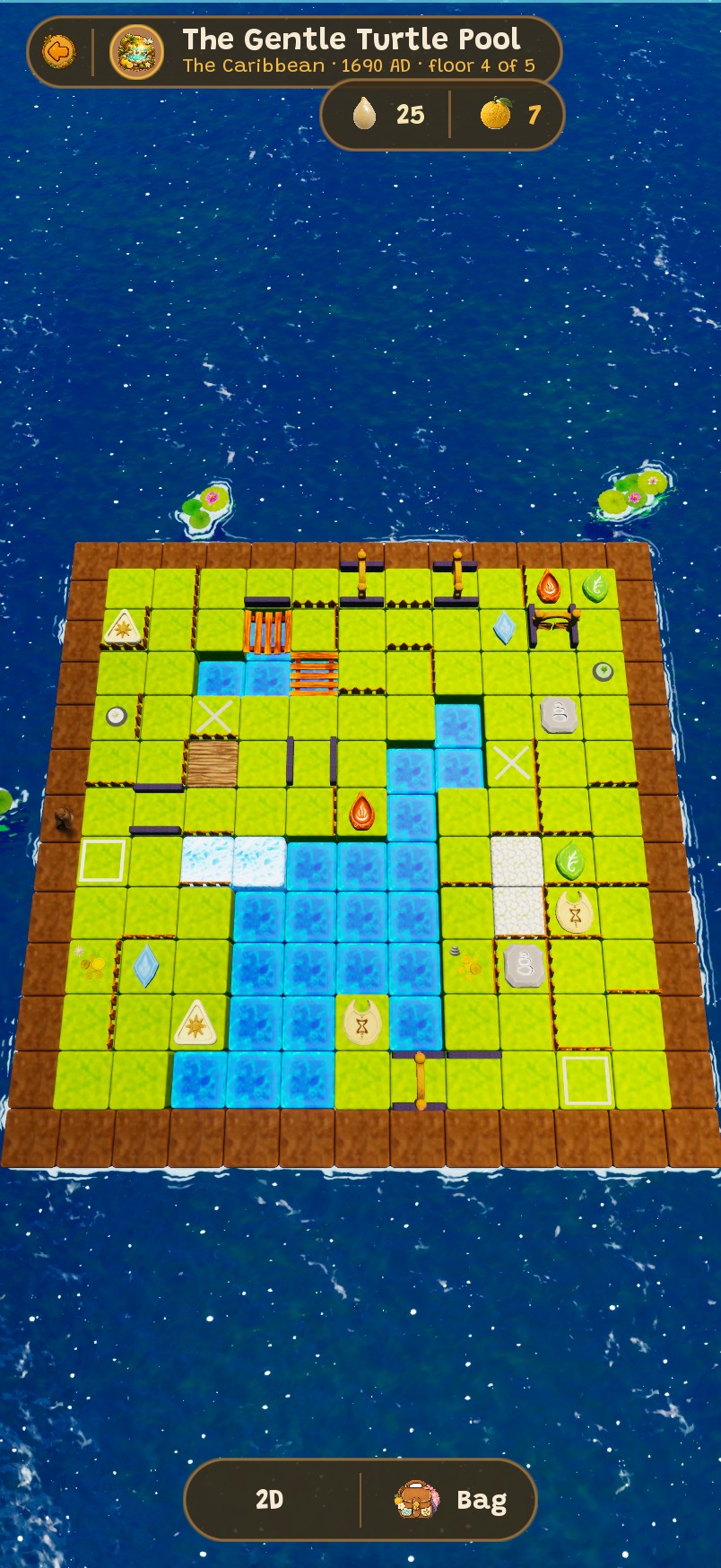 The Gentle Turtle Pool, the Caribbean 1690, stage 4: a floating island of grass cubes with warm-water channels drawn between the springs