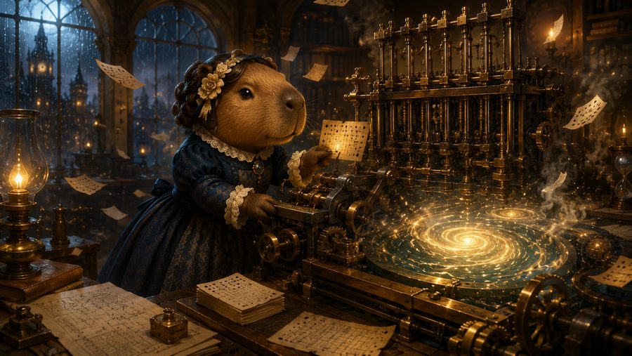 A capybara lady in a blue gown feeding punched cards into a brass engine