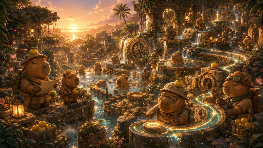 Explorer capybaras routing glowing channels through jungle ruins