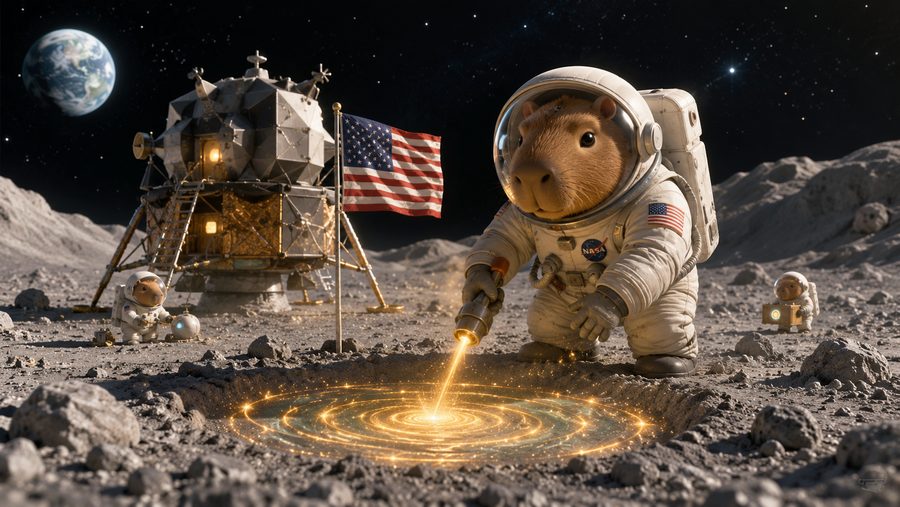 A capybara astronaut planting a glowing tool on the Moon