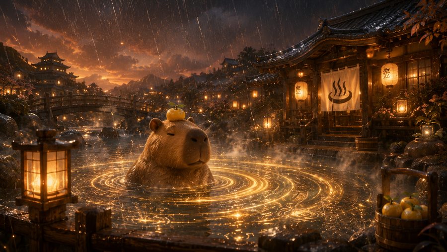 A serene capybara soaking in a spiral-lit pool in the rain