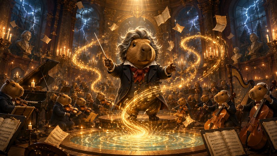 A wild-haired capybara conducting a full orchestra