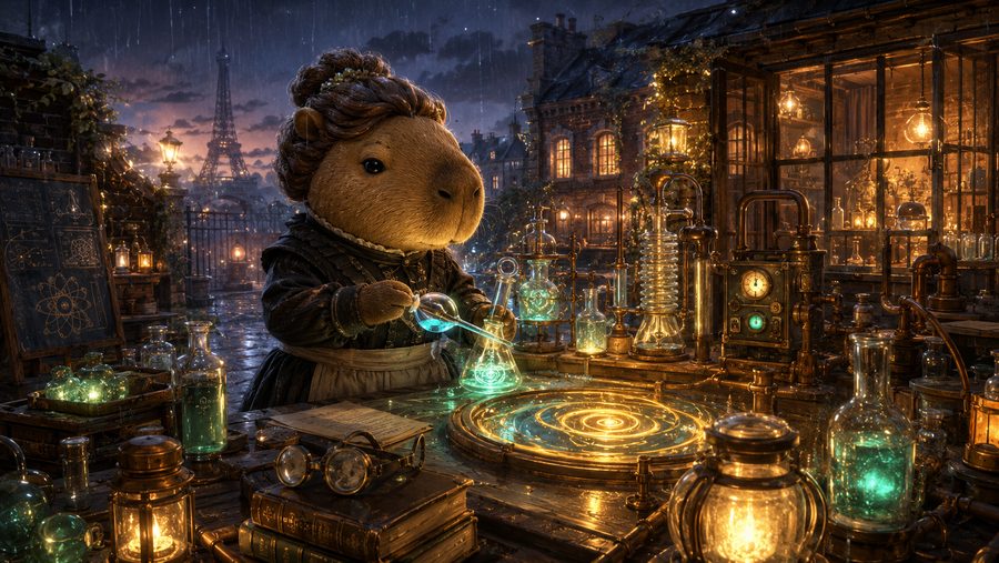 A capybara scientist decanting a glowing element in a night lab