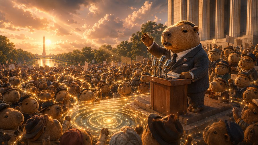A capybara orator raising a paw on sunlit memorial steps before a great crowd