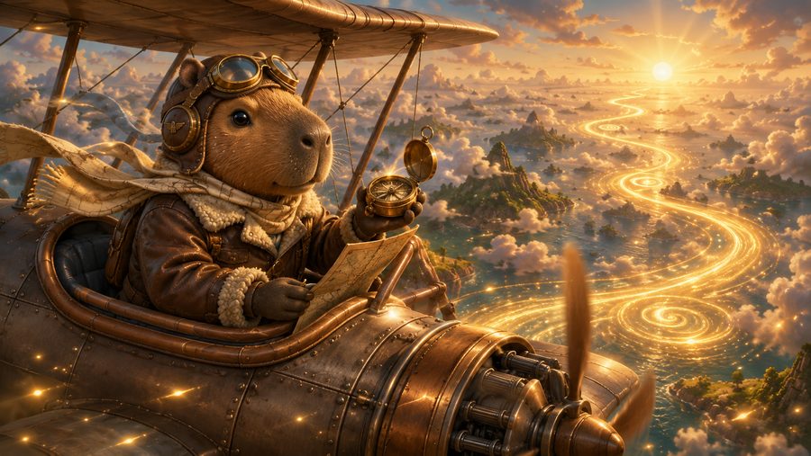 A goggled aviator capybara with compass and map beside a biplane