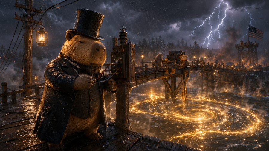 A top-hatted capybara throwing a great electrical switch on a stormy night