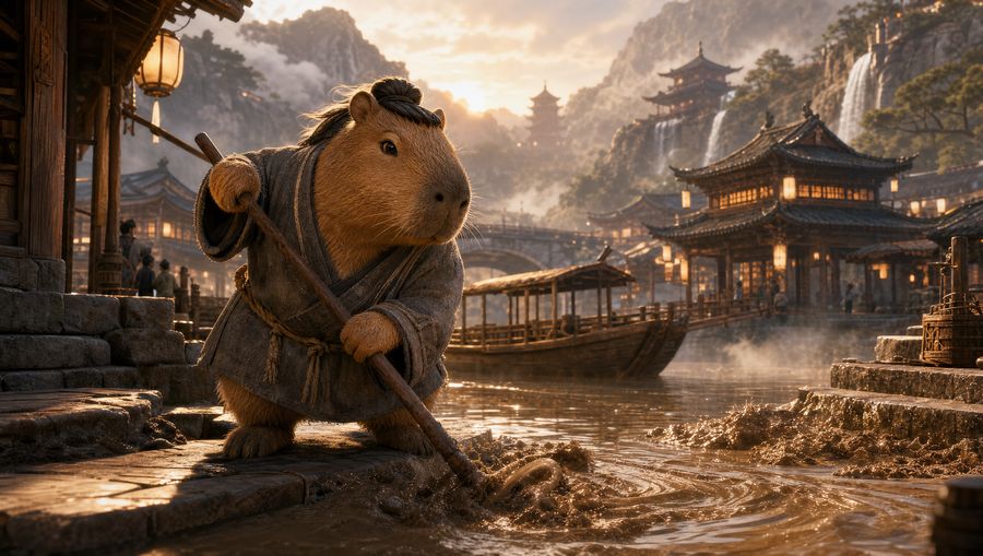 The old ferryman at a quiet Tang-dynasty landing