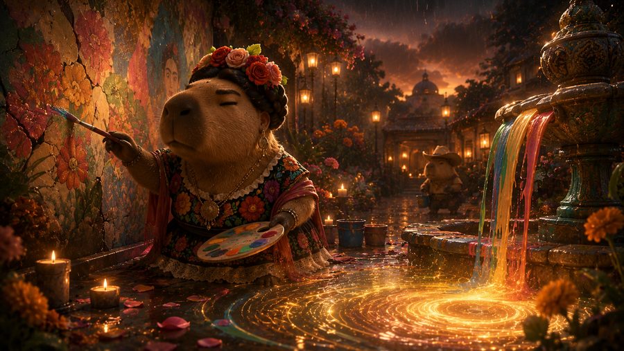 A capybara painter with flowers in her hair painting a bright mural