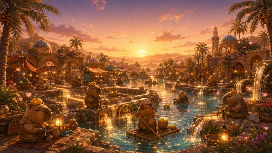 Desert oasis with capybaras tending glowing water channels