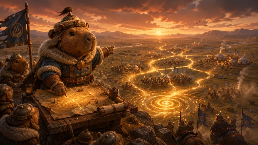 An armored capybara khan pointing across a glowing steppe river