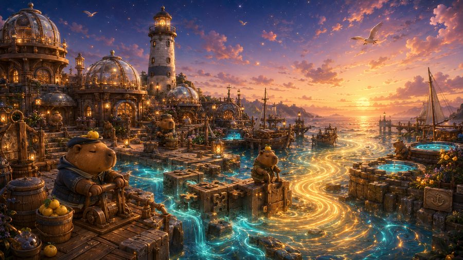 A dock-master capybara seating puzzle blocks into glowing harbor channels