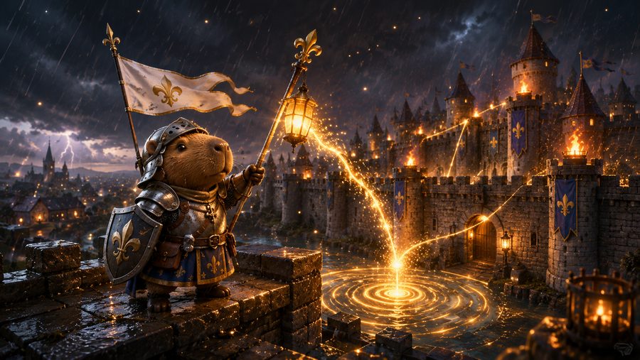 A small armored capybara holding a fleur-de-lis banner and lantern in the rain