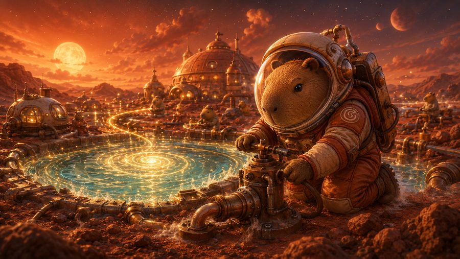 A capybara astronaut turning a valve on a red Martian plain