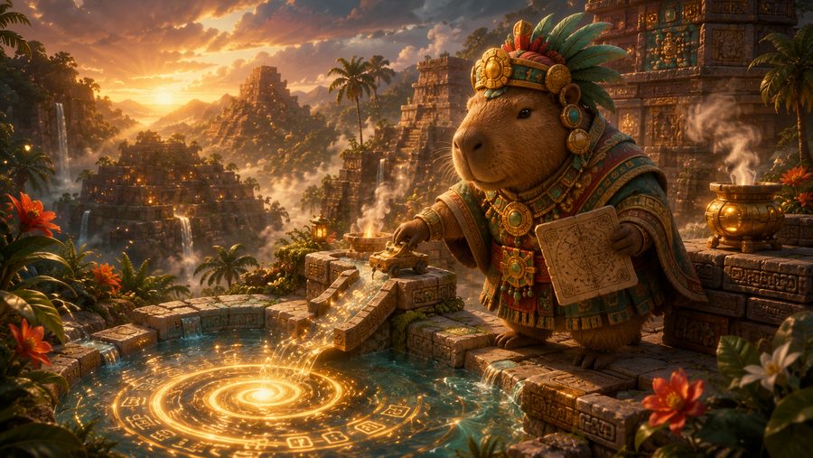 A capybara in a feathered Maya headdress holding a round calendar stone