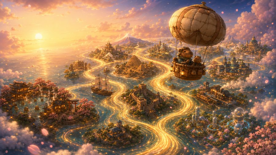 Capybaras drifting over the River of Time in a hot-air balloon