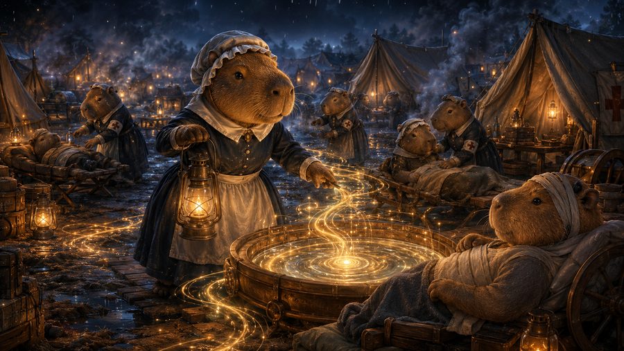 A capybara nurse with a lantern in a rainy night field hospital
