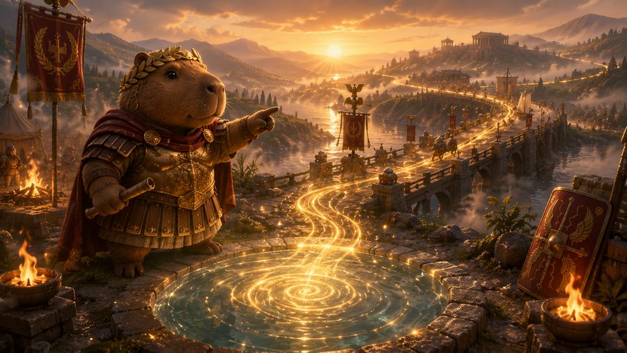 A laurel-crowned Roman commander capybara overlooking roads and aqueducts