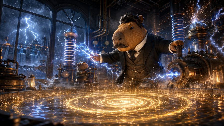A capybara in a dark suit between two arcing Tesla coils