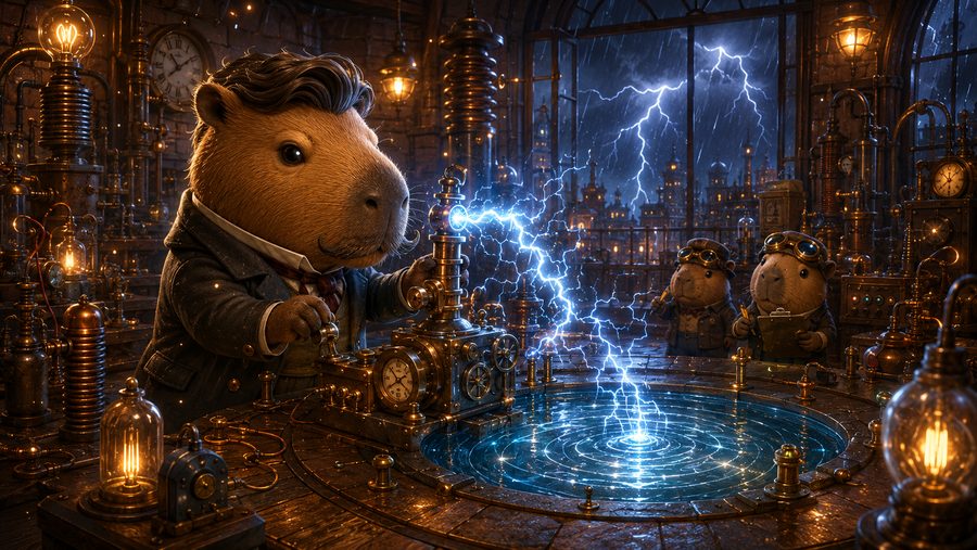 A capybara inventor working a brass apparatus in a stormy workshop