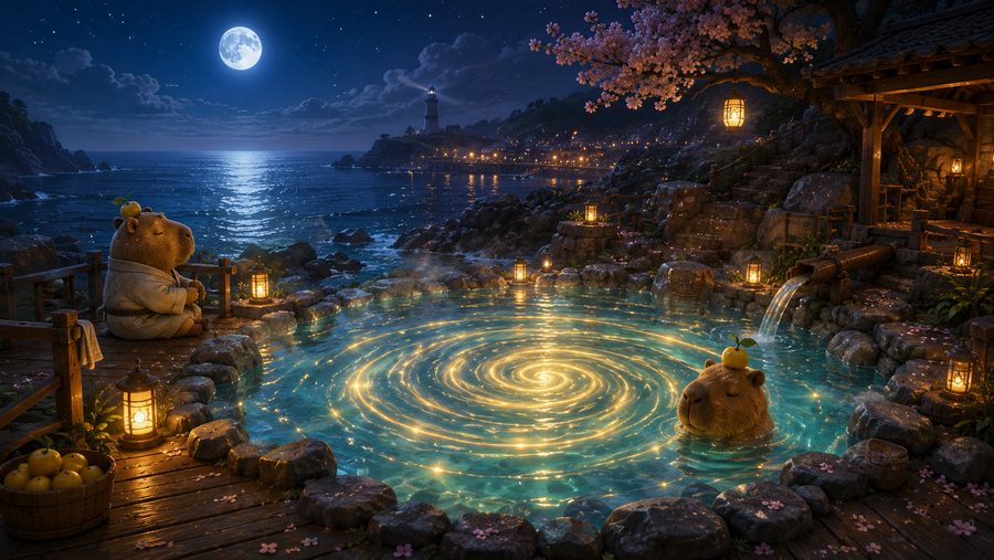 A moonlit coastal onsen under the stars